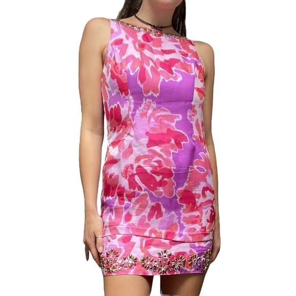 🥒 Lilly Pulitzer Silk Pulaski Embellished Beaded Mini Dress Soiree Purple Pink 0 - Picture 6 of 11